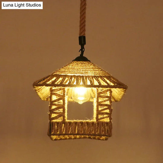 Industrial Hemp Rope Caged Ceiling Pendant Light With Flaxen Finish - Ideal For Restaurants / E
