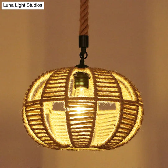 Industrial Hemp Rope Caged Ceiling Pendant Light With Flaxen Finish - Ideal For Restaurants / D