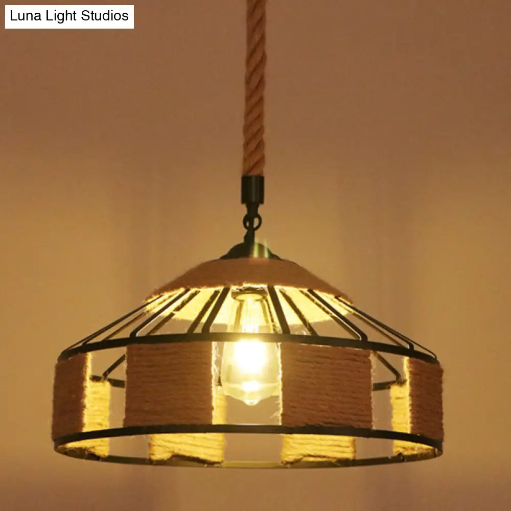 Industrial Hemp Rope Caged Ceiling Pendant Light With Flaxen Finish - Ideal For Restaurants / B
