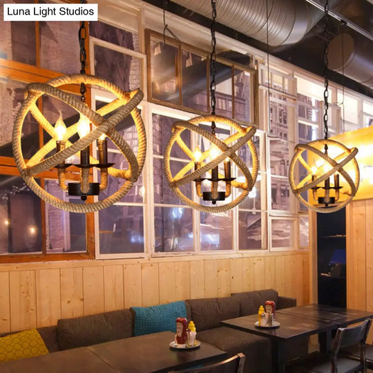Industrial Hemp Rope Caged Ceiling Pendant Light With Flaxen Finish - Ideal For Restaurants