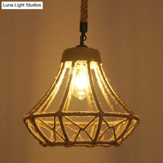 Industrial Hemp Rope Caged Ceiling Pendant Light With Flaxen Finish - Ideal For Restaurants / J