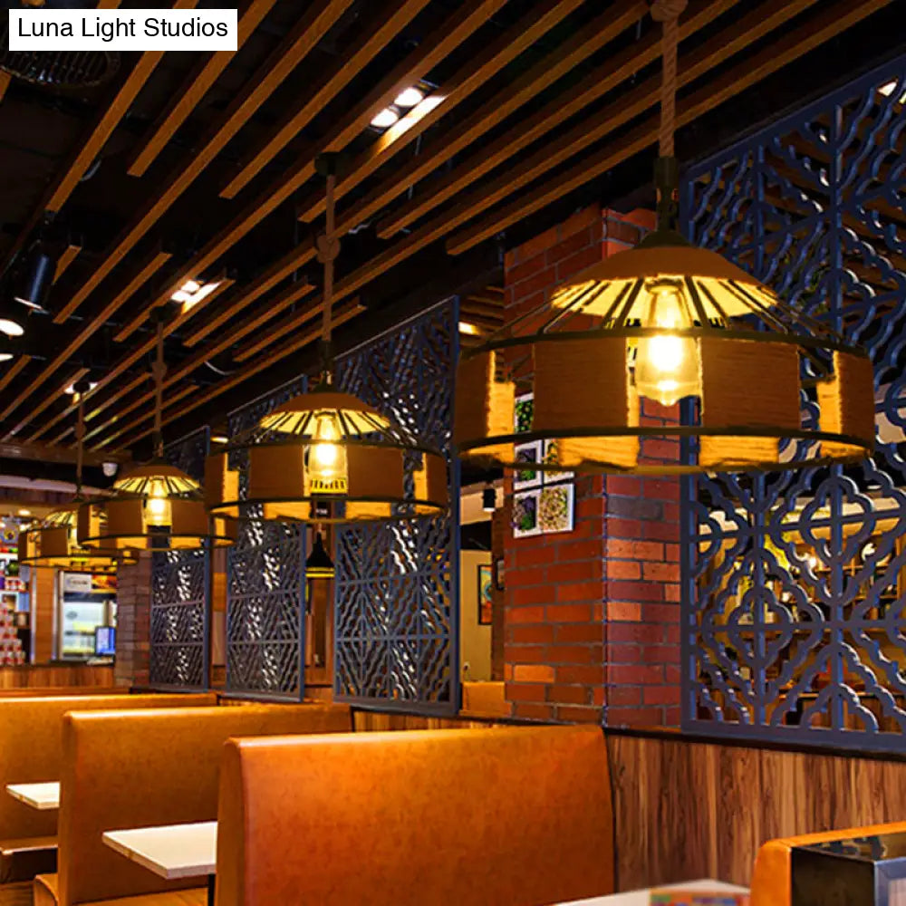 Hemp Rope Industrial Ceiling Pendant Light - Flaxen Single Hanging Fixture For Restaurants