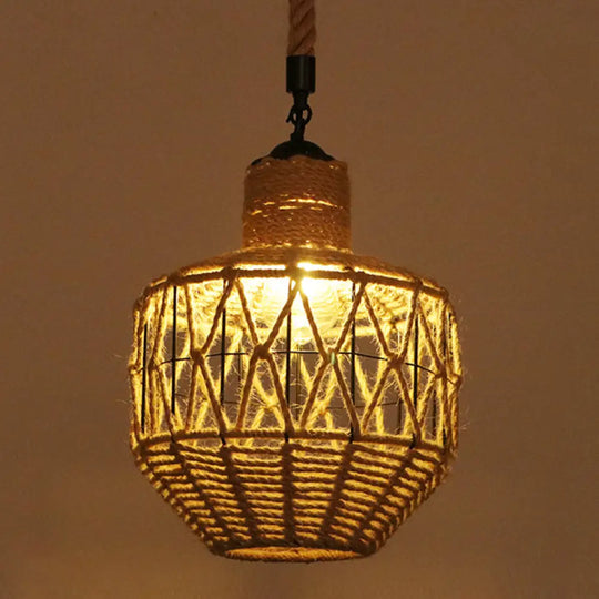 Hemp Rope Industrial Ceiling Pendant Light - Flaxen Single Hanging Fixture For Restaurants / H
