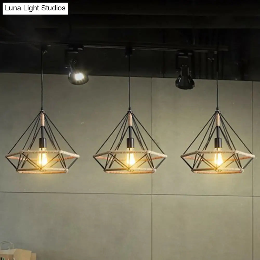 Hemp Rope Industrial Pendant Light For Restaurants - Single Ceiling Fixture Black / Small