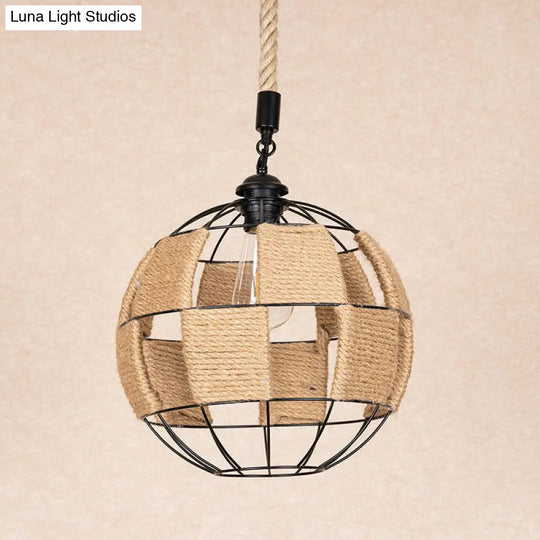 Hemp Rope Pendant Lamp - Cottage Brown Globe Ceiling Light Aisle Hanging Fixture