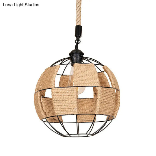 Cottage Style Brown Globe Hemp Rope Pendant Lamp - Aisle Ceiling Light