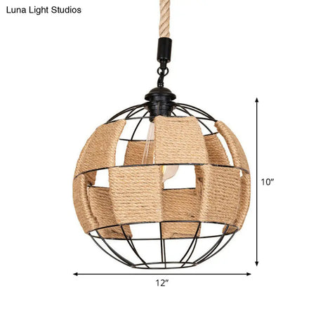 Hemp Rope Pendant Lamp - Cottage Brown Globe Ceiling Light Aisle Hanging Fixture