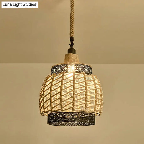 Hemp Rope Pendant Light - Antique 1-Light Fixture In Brown For Restaurants