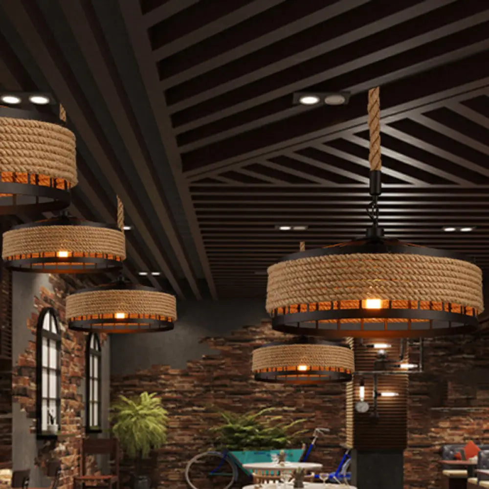 Hemp Rope Yurt Pendant Light Fixture For Rustic Restaurants - Black