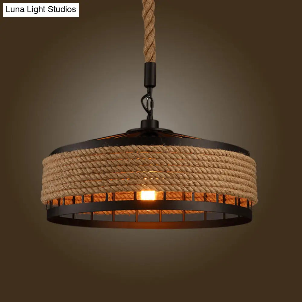 Hemp Rope Yurt Hanging Light - Rustic Pendant Fixture In Black