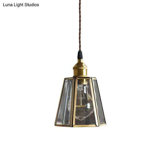 Hexagon Drop Pendant Light In Clear/Amber Glass - Antiqued Brass Finish 1 Head Bedside Hanging Lamp