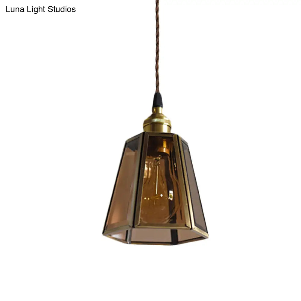 Hexagon Drop Pendant Light In Clear/Amber Glass - Antiqued Brass Finish 1 Head Bedside Hanging Lamp