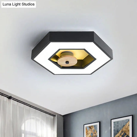 Hexagon Frame Metallic Led Macaron Flush Mount Ceiling Lighting In Green/Grey/Black And Wood For