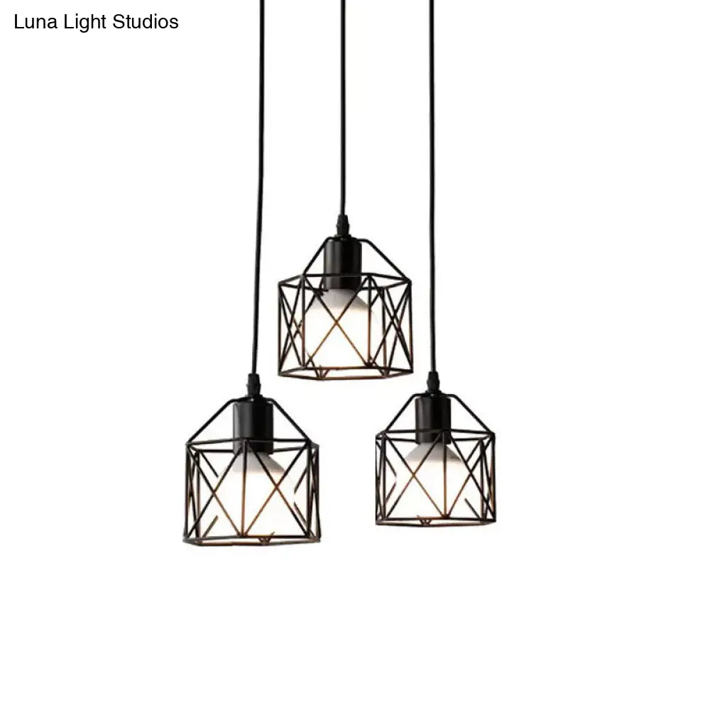 Metallic 3-Bulb Black Hexagon Pendant Light Farmhouse Style Kitchen Ceiling Fixture With Wire Cage