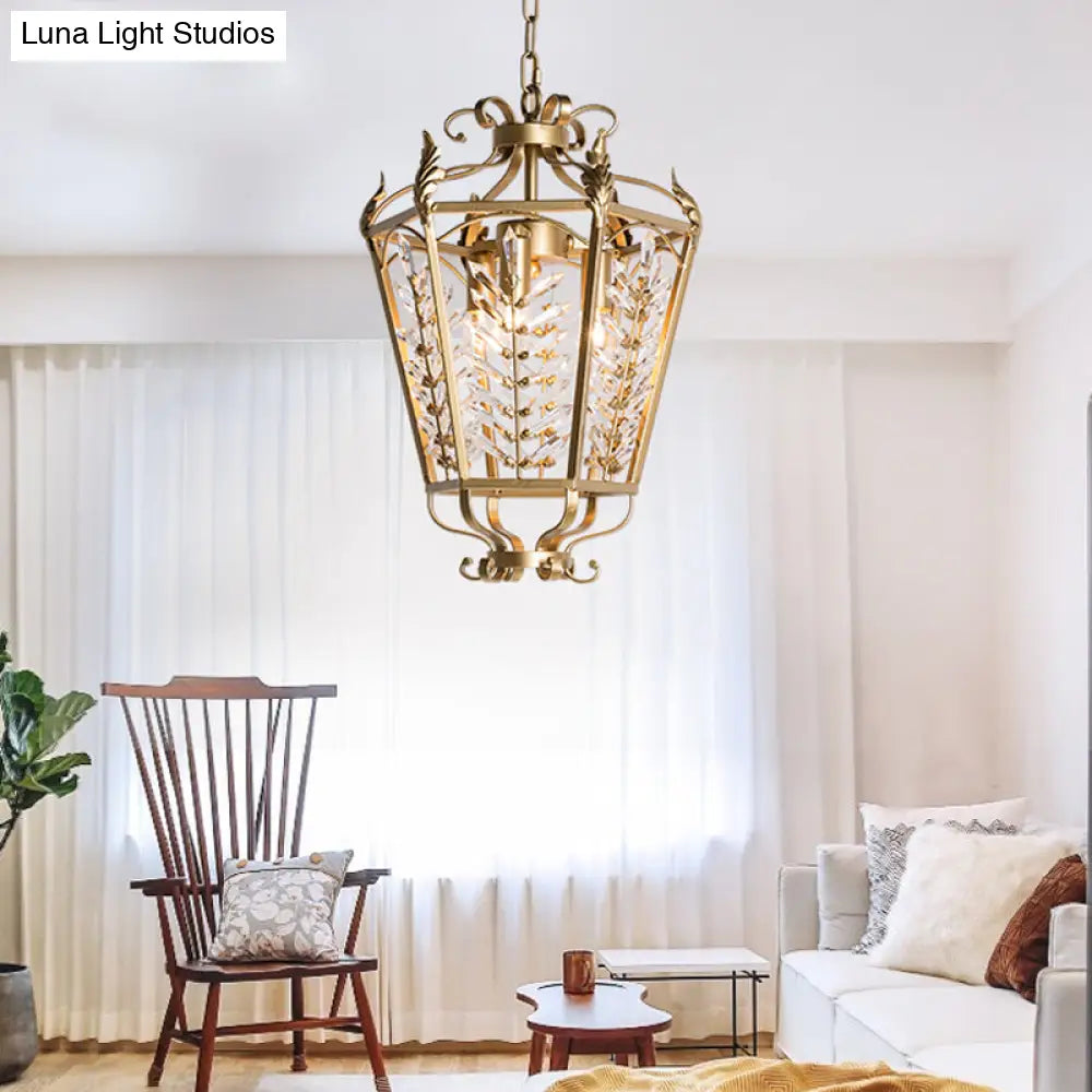 Hexagonal Pendant Chandelier: 3-Light Rustic Antiqued Gold Crystal Lighting For Living Room