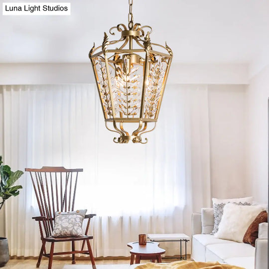 Hexagonal Pendant Chandelier: 3-Light Rustic Antiqued Gold Crystal Lighting For Living Room