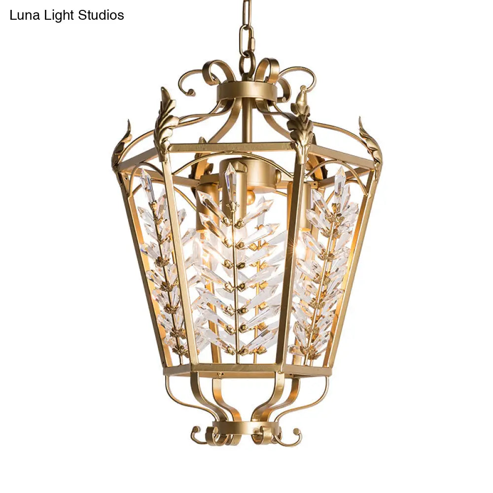 Hexagonal Pendant Chandelier: 3-Light Rustic Antiqued Gold Crystal Lighting For Living Room