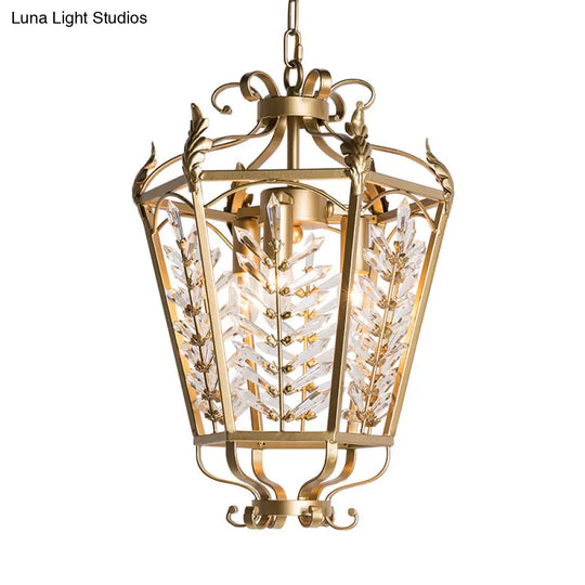 Hexagonal Pendant Chandelier: 3-Light Rustic Antiqued Gold Crystal Lighting For Living Room