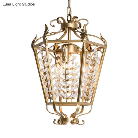 Hexagonal Pendant Chandelier: 3-Light Rustic Antiqued Gold Crystal Lighting For Living Room