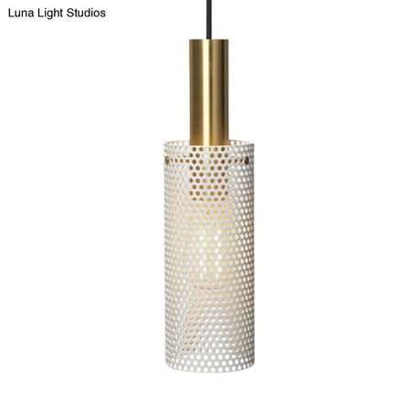 Hollow Design Cylinder Hanging Lamp - Black/White Metal Pendant With 1 Light