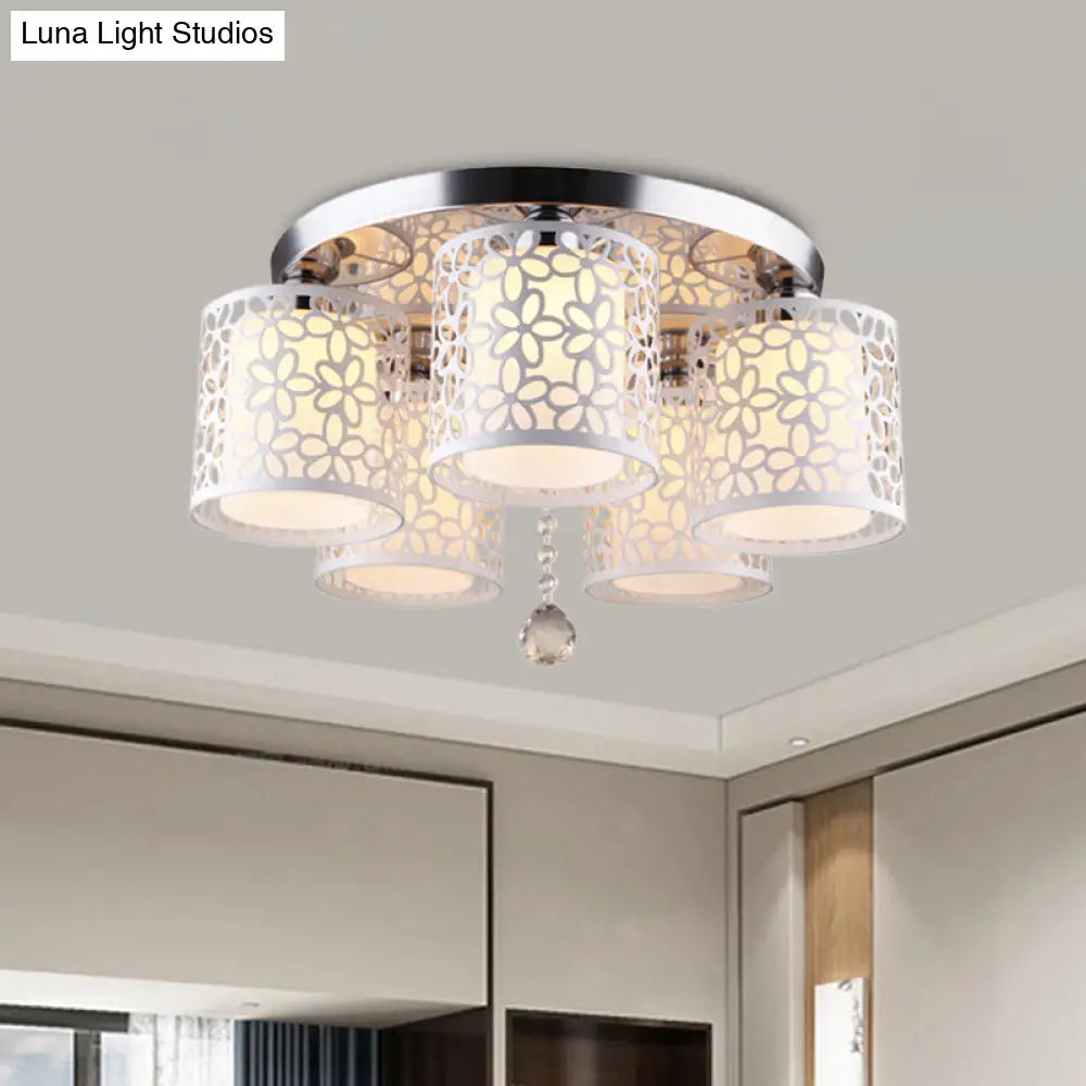 Hollow-Out Cylinder Ceiling Flush Mount With White Finish And Cream Glass Shade - Modern 5-Head