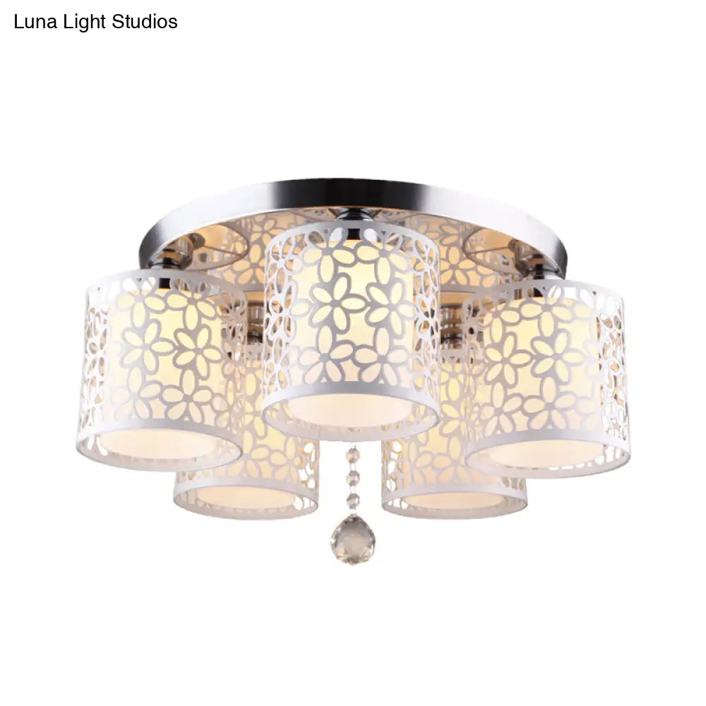 Hollow-Out Cylinder Ceiling Flush Mount With White Finish And Cream Glass Shade - Modern 5-Head