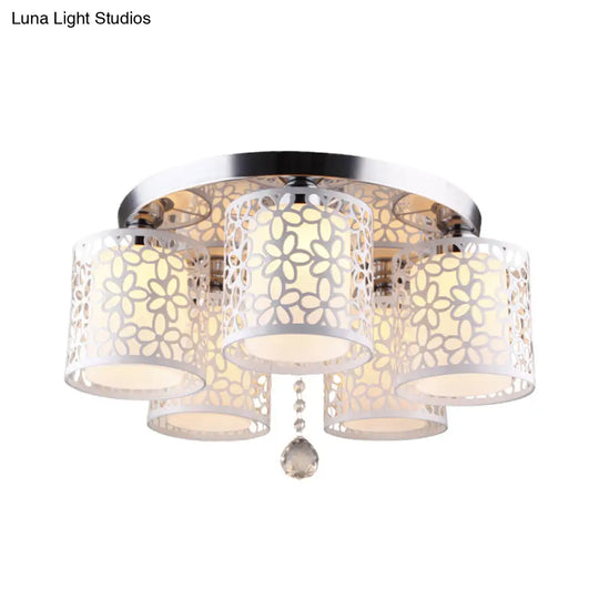 Hollow-Out Cylinder Ceiling Flush Mount With White Finish And Cream Glass Shade - Modern 5-Head
