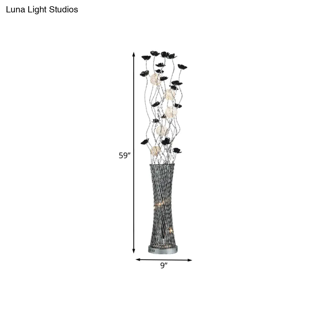 Hollowed Column Metal Led Curved Stick Floor Lamp With Decorative Rose Design And Dual-Tone Finish