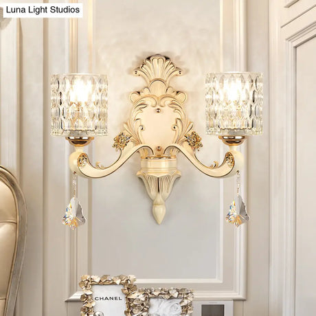 Honeycomb Glass Wall Light With Clear Cylinder Shade - Vintage 1/2 Lights Mount Lamp In Beige