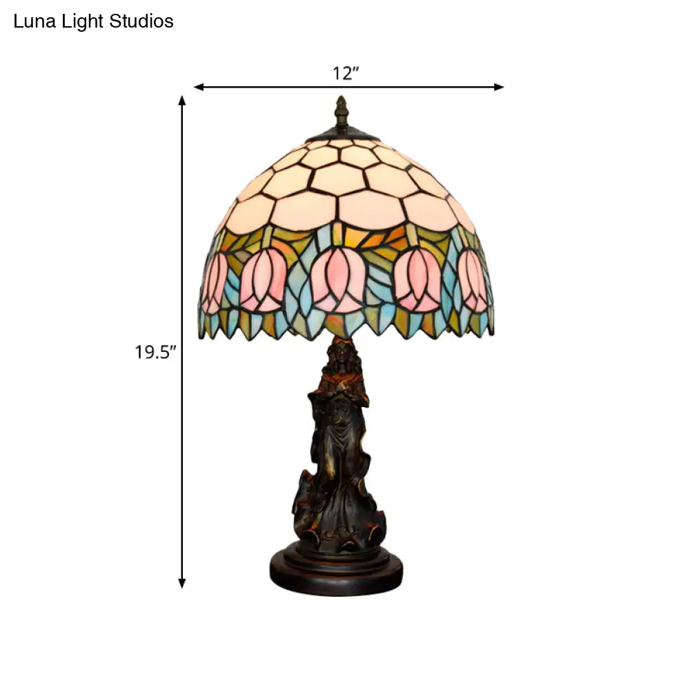 Honeycomb Shade Tiffany Bronze Stained Glass Nightstand Lamp With Rose Edge And Angel Base
