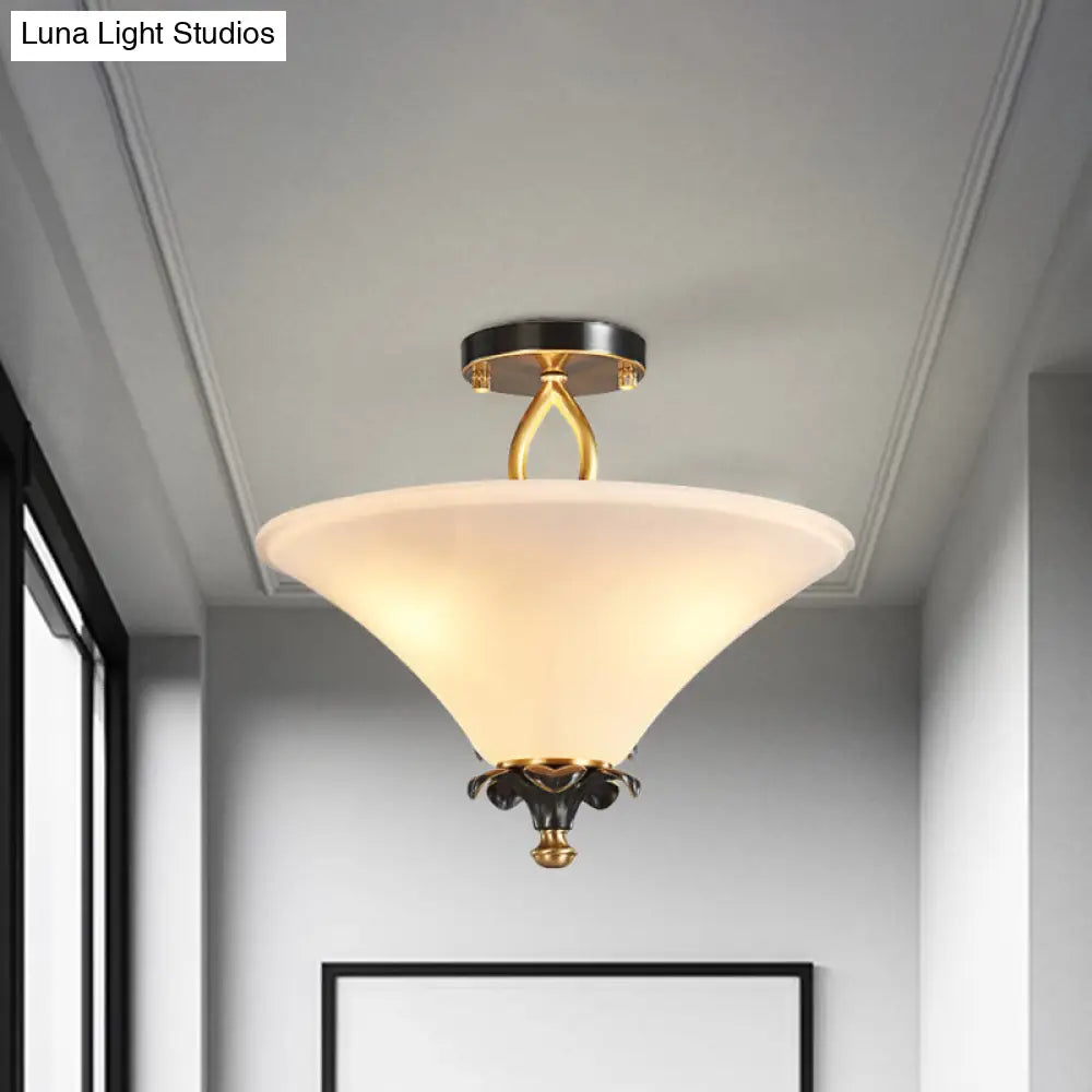 Horn-Shaped White Glass Semi Flush Lamp - Country Style With 3 Lights For Bedroom Ceiling In Brass