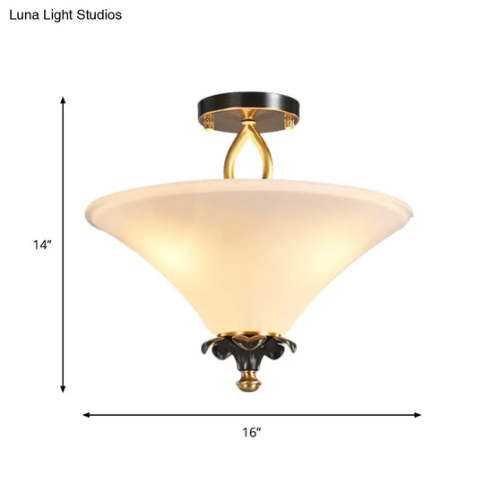 Horn-Shaped White Glass Semi Flush Lamp - Country Style With 3 Lights For Bedroom Ceiling In Brass