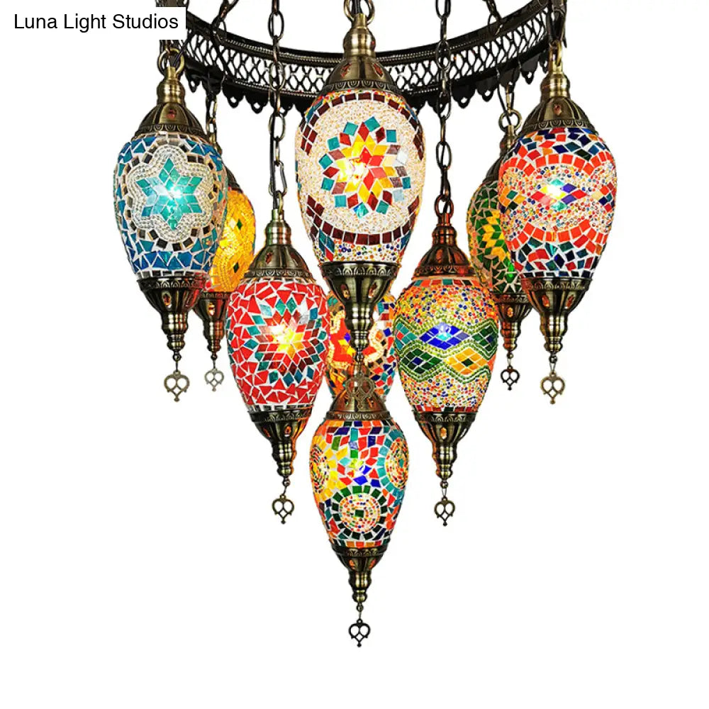 Ice Cream Stained Glass Pendant Chandelier - Traditional 10-Head Ceiling Light In