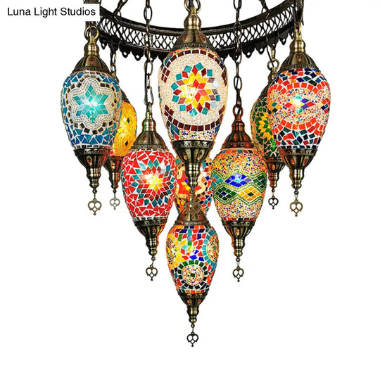 Ice Cream Stained Glass Pendant Chandelier - Traditional 10-Head Ceiling Light In