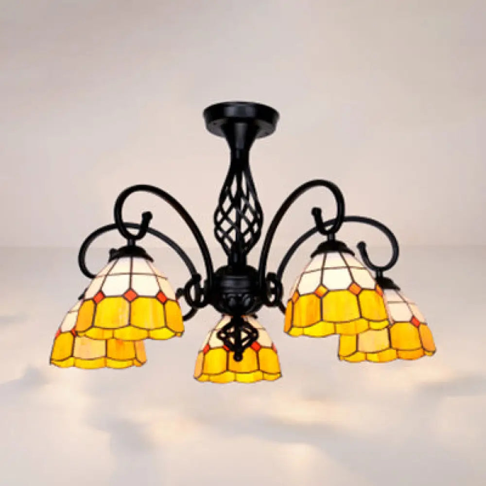 Indoor Stained Glass Semi Flush Mount Light - 5-Light Loft Tiffany Lighting In