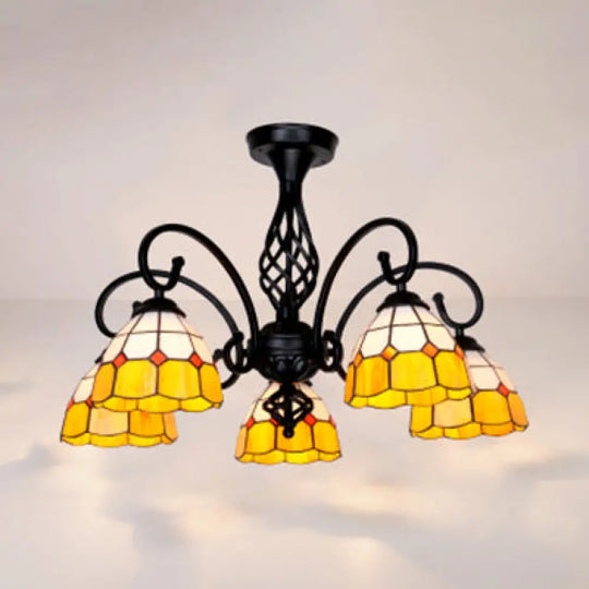 Indoor Stained Glass Semi Flush Mount Light - 5-Light Loft Tiffany Lighting In
