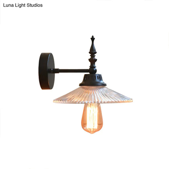 Industrial 1-Light Black Sconce With Clear/Green Glass Cone/Wide Flare For Living Room Wall