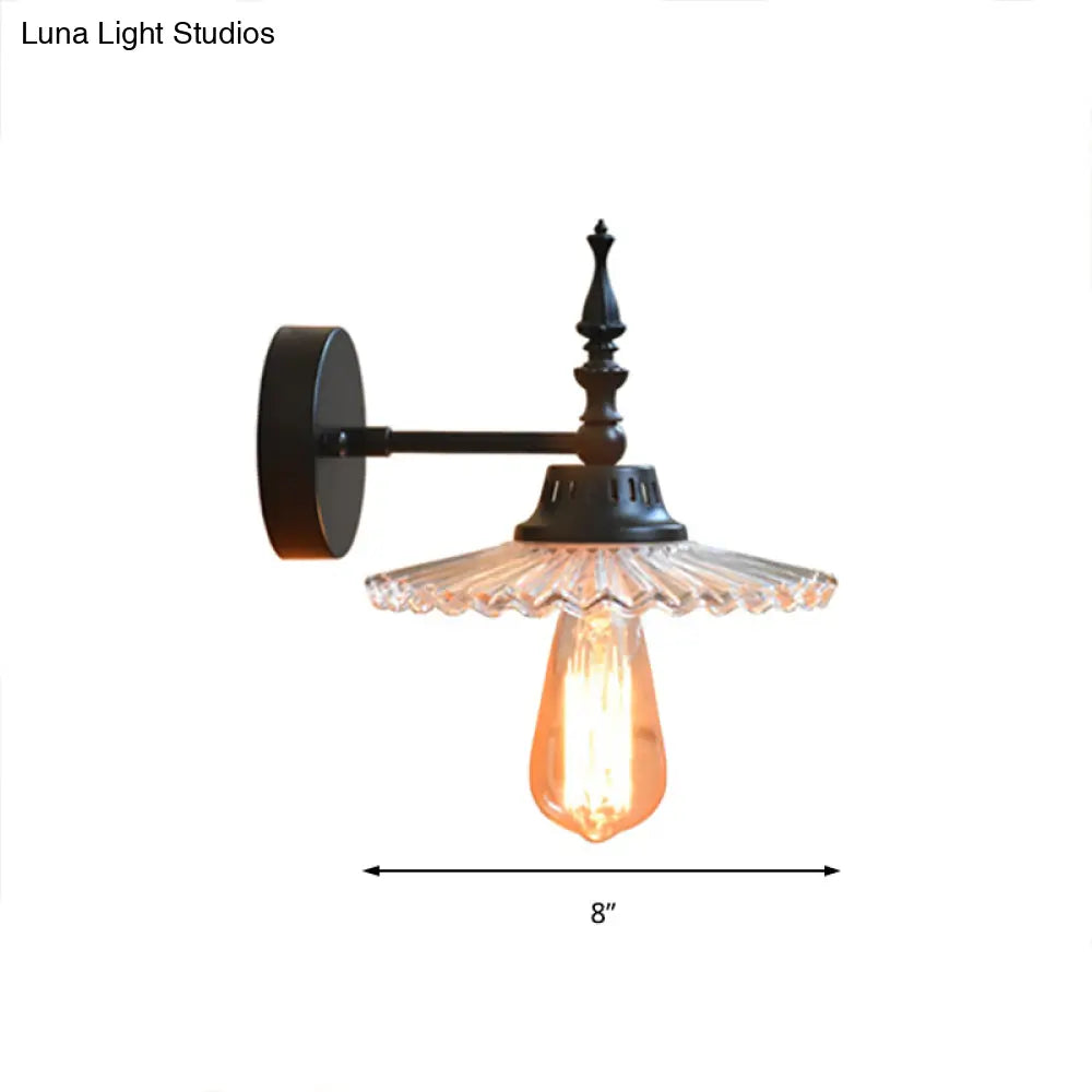 Industrial 1-Light Black Sconce With Clear/Green Glass Cone/Wide Flare For Living Room Wall