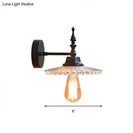 Industrial 1-Light Black Sconce With Clear/Green Glass Cone/Wide Flare For Living Room Wall