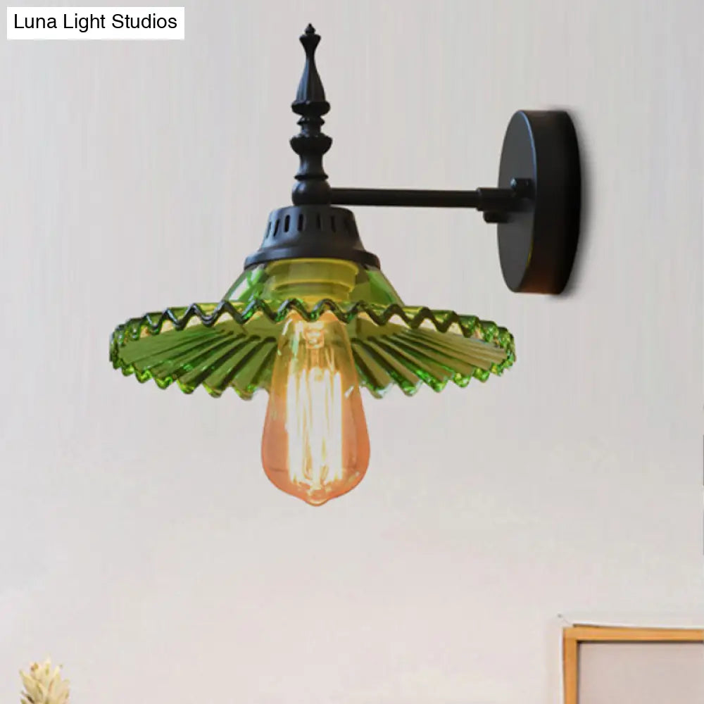Industrial 1-Light Black Sconce With Clear/Green Glass Cone/Wide Flare For Living Room Wall