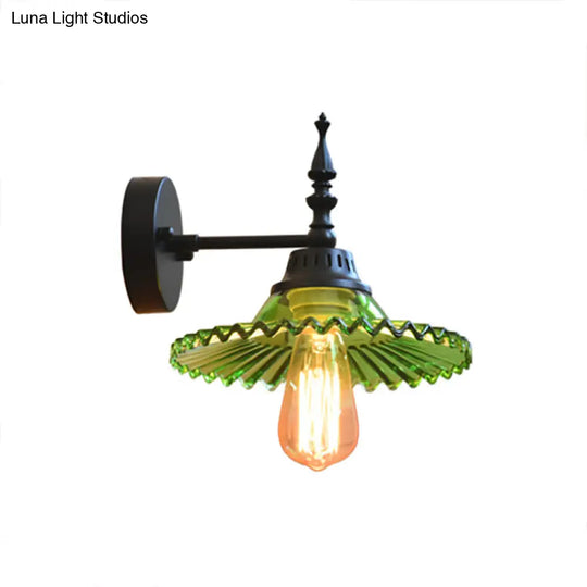 Industrial 1-Light Black Sconce With Clear/Green Glass Cone/Wide Flare For Living Room Wall