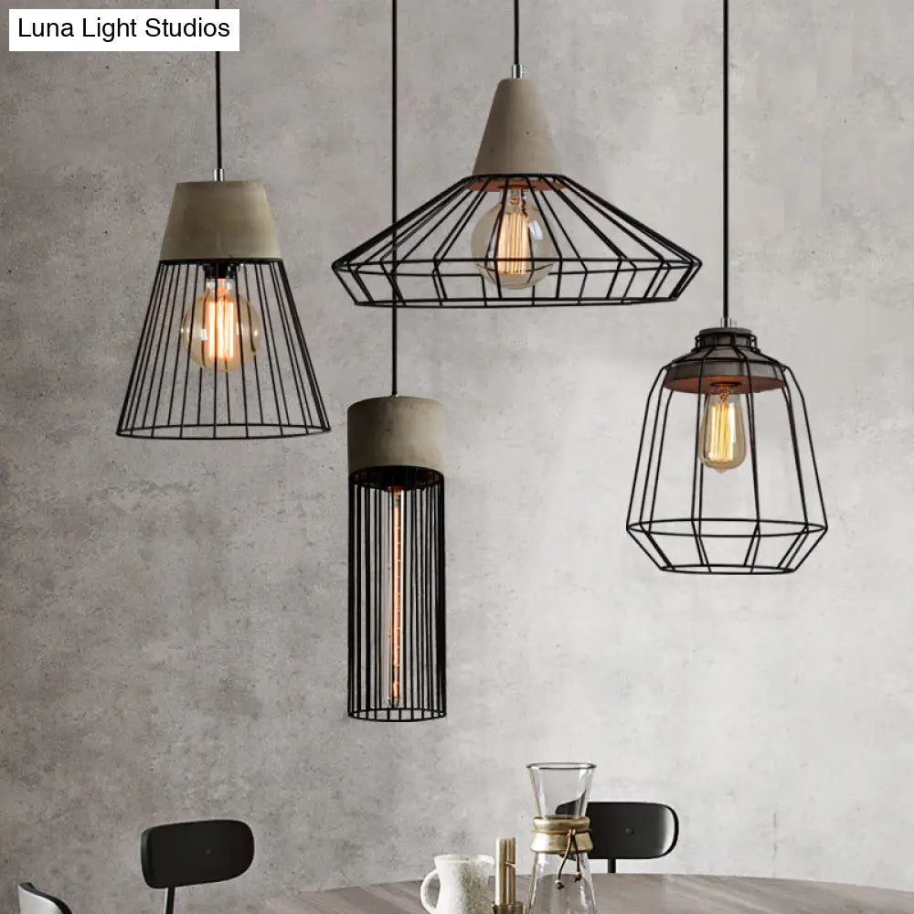 Industrial 1-Light Pendant Fixture With Cone/Cylinder/Triangle Iron Design In Black - Cement Socket