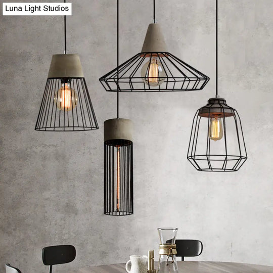 Industrial 1-Light Pendant Fixture With Cone/Cylinder/Triangle Iron Design In Black - Cement Socket