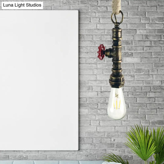 Wrought Iron Industrial Pendant Lamp - 1 Light Indoor Fixture With Adjustable Rope Aged