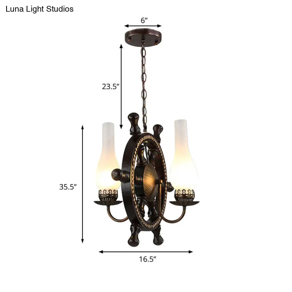 Industrial 2-Light Pendant Chandelier In Oil Rubbed Bronze With White Glass Bottle Shades