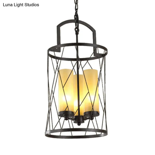 Industrial 3-Head Black Pendant Lamp With Cylinder Glass Shade And Wire Frame - Perfect For