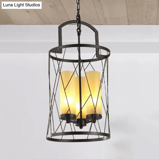 Industrial 3-Head Pendant Lamp With Cylinder Glass Shade And Wire Frame For Restaurants - Black