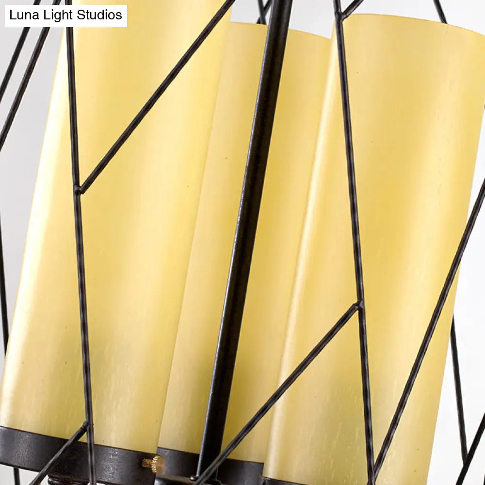 Industrial 3-Head Black Pendant Lamp With Cylinder Glass Shade And Wire Frame - Perfect For