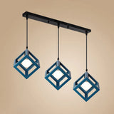 Industrial 3-Head Pendant Light With Squared Metallic Cage Red/Yellow Canopy For Hallway Blue /
