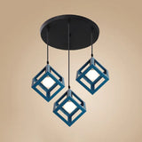 Industrial 3-Head Pendant Light With Squared Metallic Cage Red/Yellow Canopy For Hallway Blue /